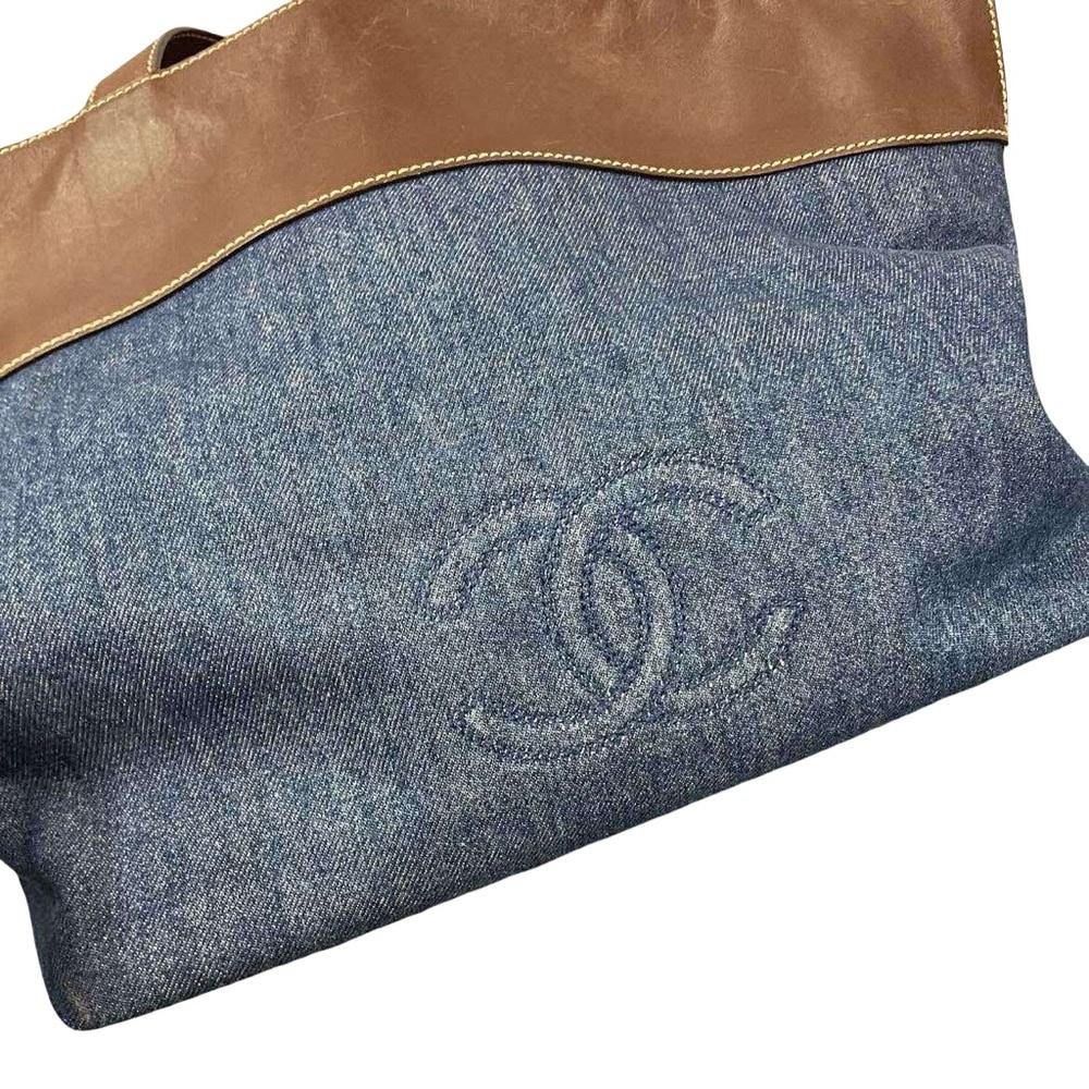 Authentic Chanel Vintage Denim CC Logo Tote Shoulder Bag Leather Trim